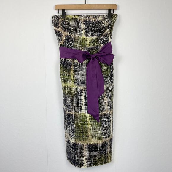 Edme & Esyllte | Anthropologie Wythes Purple & Green Sash Strapless Sheath Dress - Picture 2 of 10